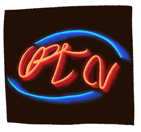 a drawing of a neon sign on a black background. it looks like an open sign with scribbles instead of words. the scribbles are red and there are blue lines around it. the colours are bright and it appears to glow.